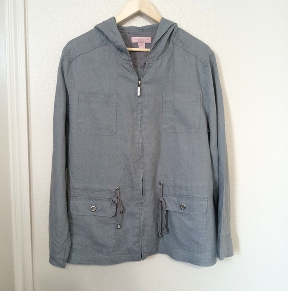 Saint Tropez West Long Sleeve Gray Jacket Full Zip Hoodie 100% Linen - Picture 2 of 11